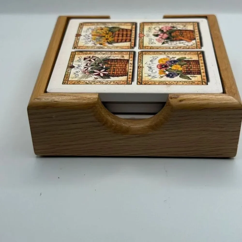 Vintage Country Flower Basket Coaster Set of 4 with Wooden Holder Cottagecore